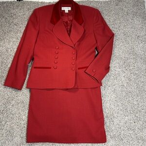 Vintage Christian Dior Double Breasted Red Wool Suit Jacket and Skirt Size 14
